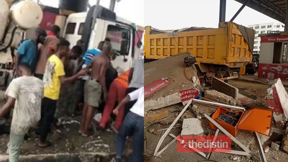 Breaking: Tema Motorway Accident, 4 Injured After Tipper Truck Crashes Into Tollbooth (Video)